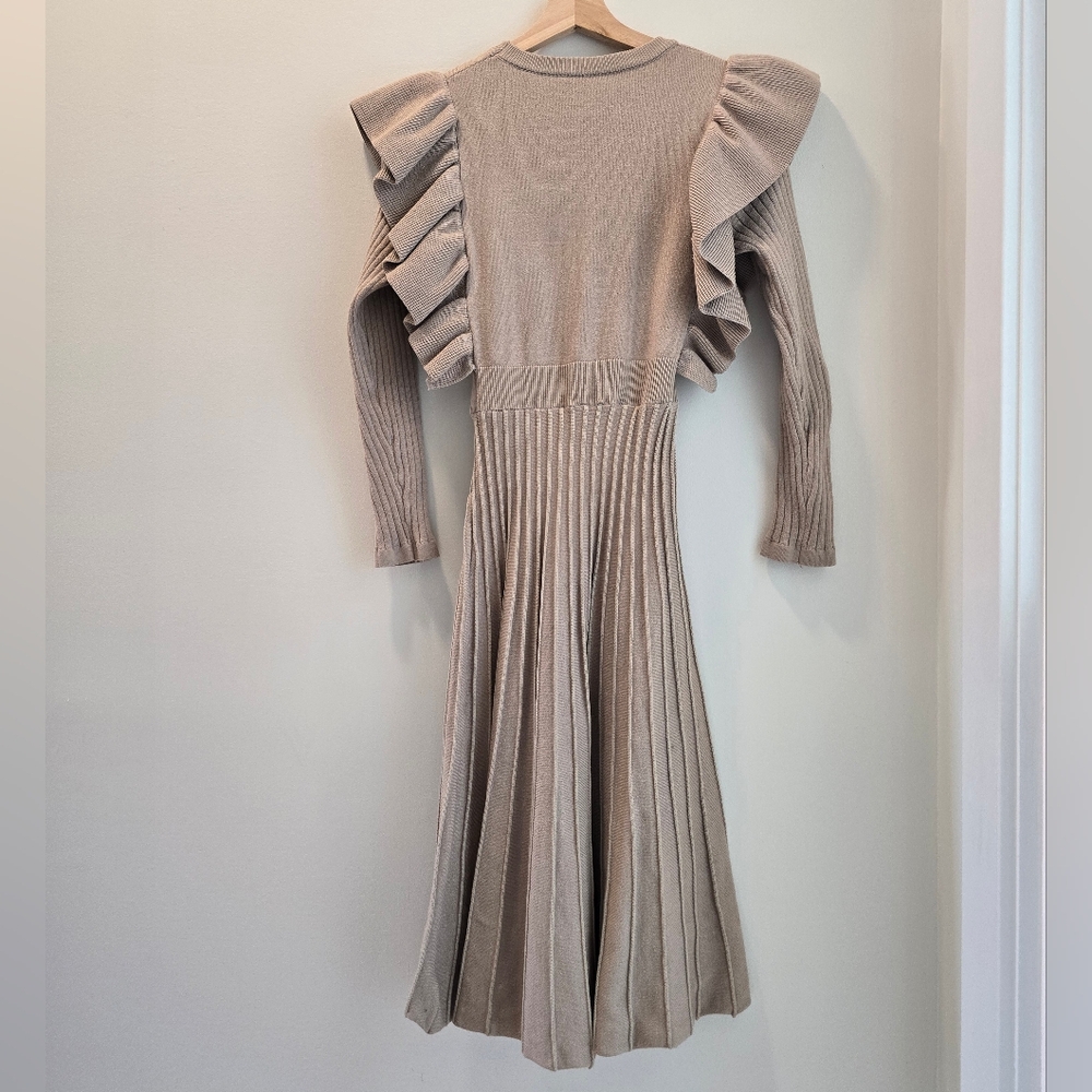 Ruffle-Trim Knit Midi Dress in Beige - Picture 2 of 3